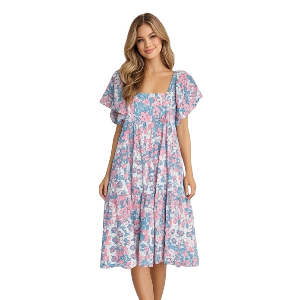 Sunday Up Pastel Floral Women's Midi Dress Flutter Sleeves  Size Large